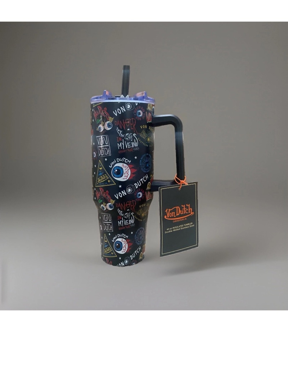 Von Dutch 40 oz Insulated Stainless Steel Tumbler Cup Black "Danger in my veins"